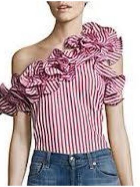 PETERSYN BLOUSE, SMALL Striped One-Shoulder Ruffle Top in Pink